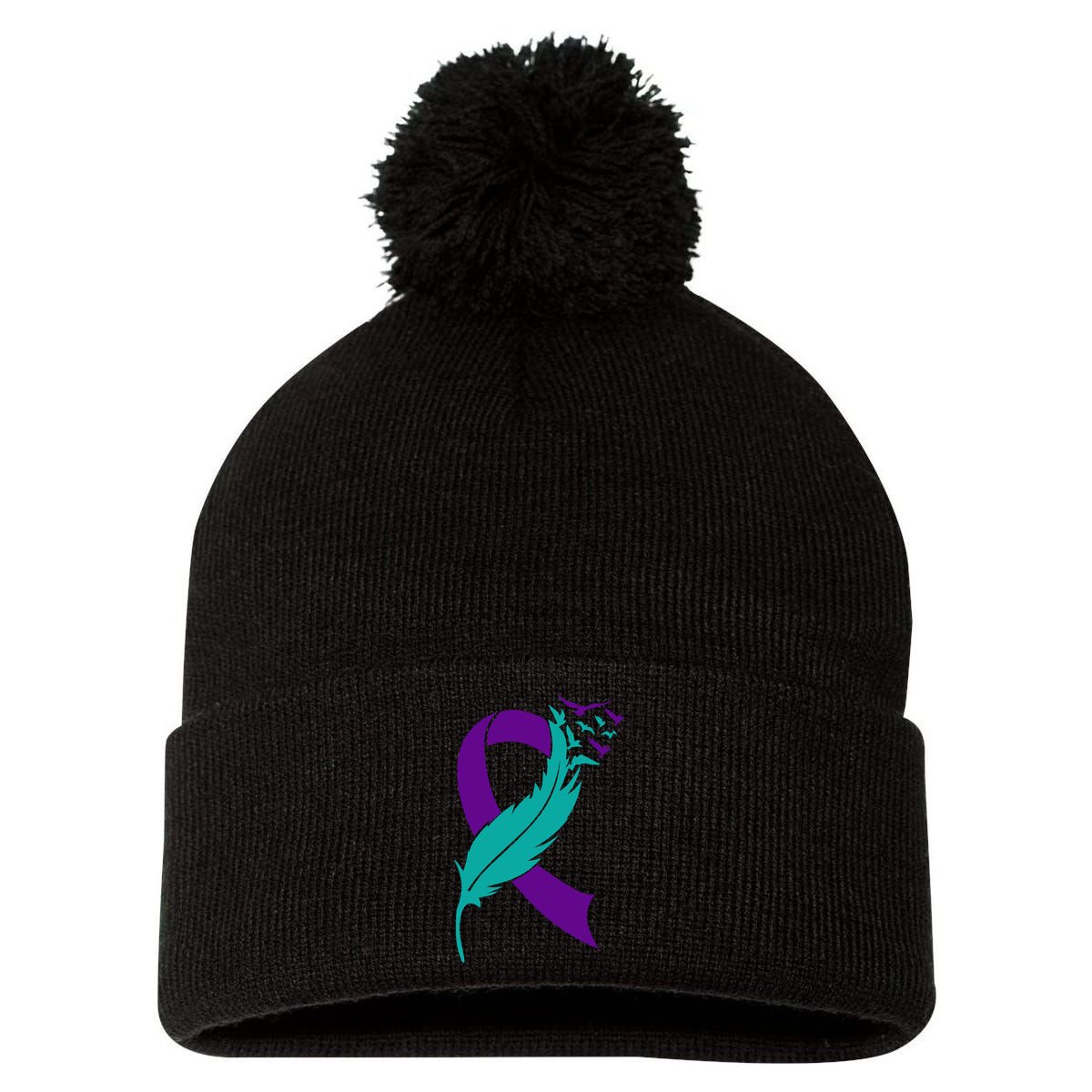 Feather Ribbon Suicide Prevention Awareness Pom Pom 12in Knit Beanie