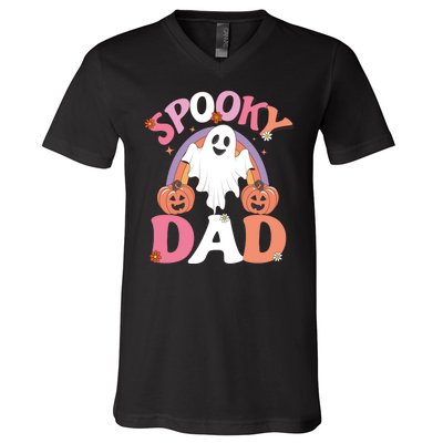 Family Retro Spooky Dad Groovy Retro Halloween Ghost Costume Gift V-Neck T-Shirt