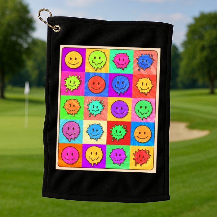 Funny Retro Trippy Smiley Pop Art Poster Golf Towel