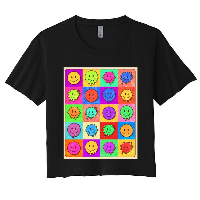 Funny Retro Trippy Smiley Pop Art Poster Women's Crop Top Tee