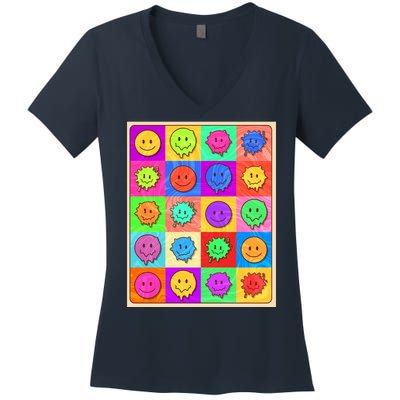 Funny Retro Trippy Smiley Pop Art Poster Women's V-Neck T-Shirt