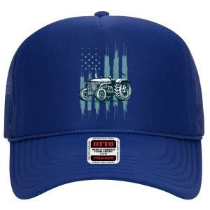 Farmer Rancher Truck Drive Driver Us Flag American Tractor Gift High Crown Mesh Back Trucker Hat