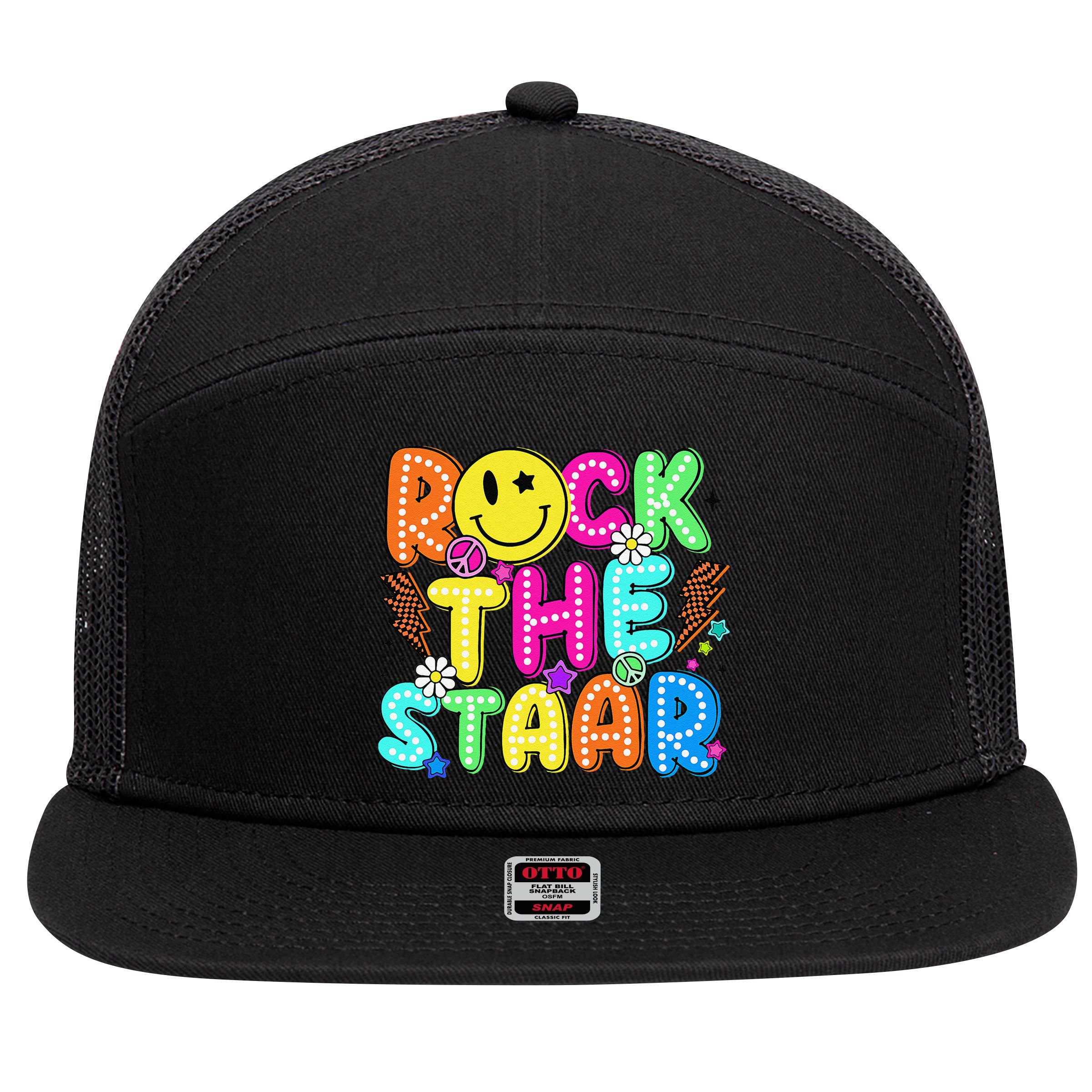 Funny Rock The Test Testing Day Teacher Student Motivational 7 Panel Mesh Trucker Snapback Hat