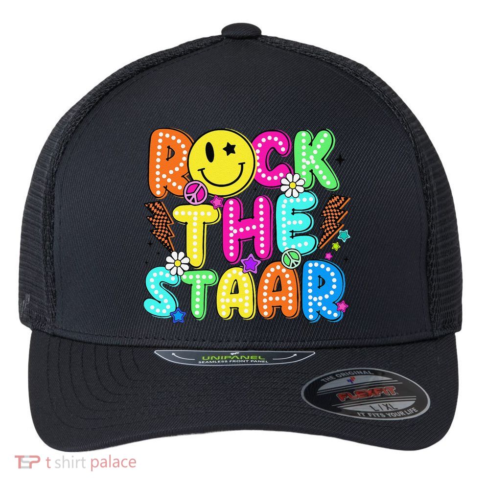 Funny Rock The Test Testing Day Teacher Student Motivational Flexfit Unipanel Trucker Cap
