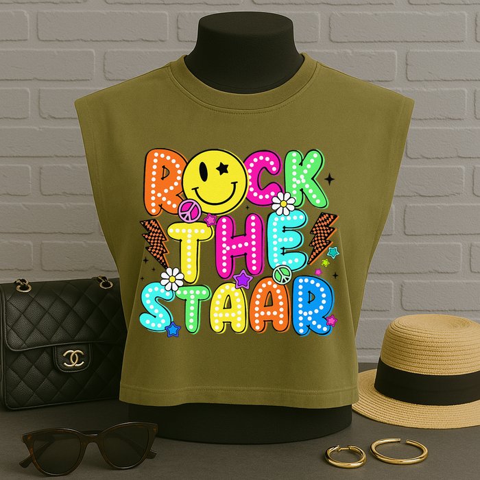 Funny Rock The Test Testing Day Teacher Student Motivational Garment-Dyed Women's Muscle Tee