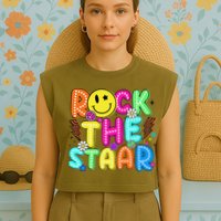 Funny Rock The Test Testing Day Teacher Student Motivational Garment-Dyed Women's Muscle Tee