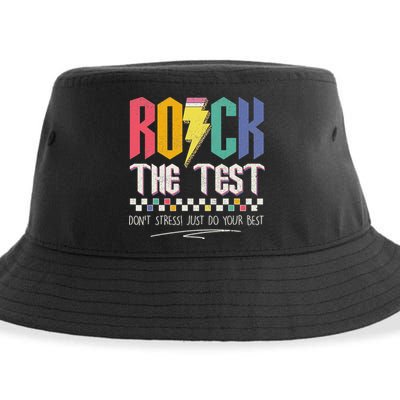 Funny Rock The Test Don't Stress Testing Day Teacher Student Sustainable Bucket Hat