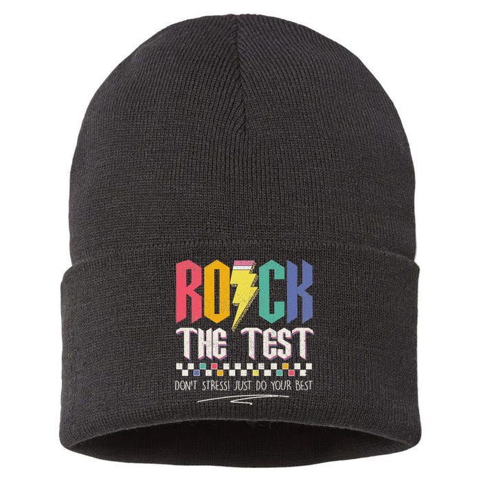 Funny Rock The Test Don't Stress Testing Day Teacher Student Sustainable Knit Beanie