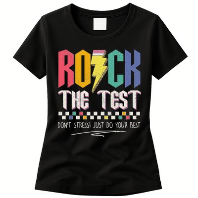 Funny Rock The Test Don't Stress Testing Day Teacher Student Womens T-Shirt