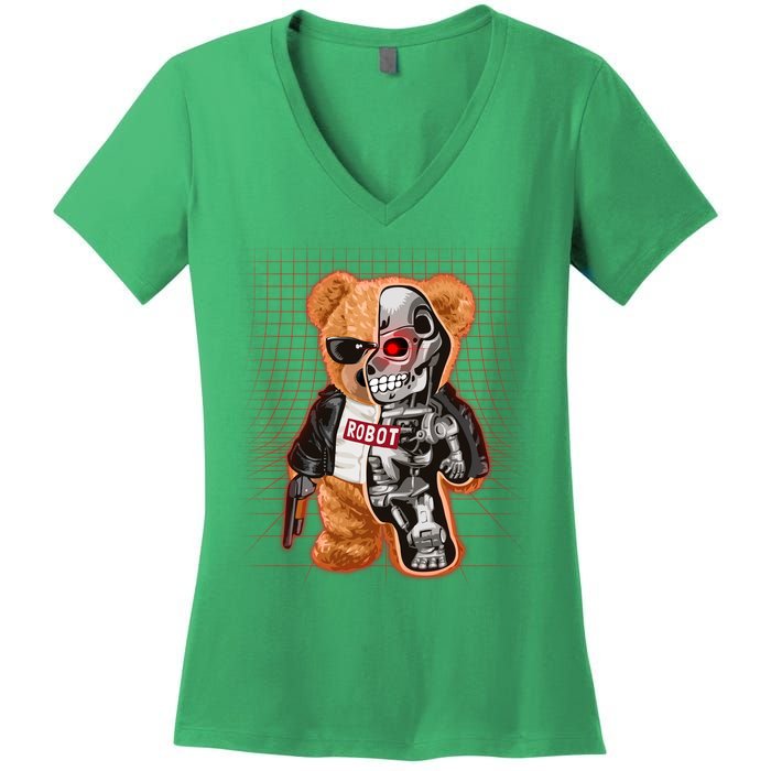 Funny Robot Terminator Teddy Bear Women's V-Neck T-Shirt
