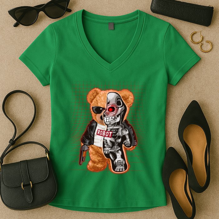 Funny Robot Terminator Teddy Bear Women's V-Neck T-Shirt
