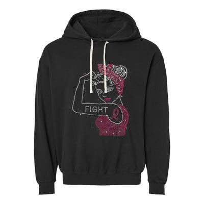 Fight Rosie The Riveter Rhinestone Breast Cancer Awareness Garment-Dyed Fleece Hoodie