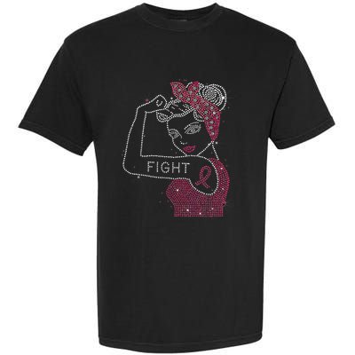 Fight Rosie The Riveter Rhinestone Breast Cancer Awareness Garment-Dyed Heavyweight T-Shirt