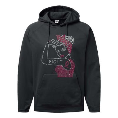 Fight Rosie The Riveter Rhinestone Breast Cancer Awareness Performance Fleece Hoodie