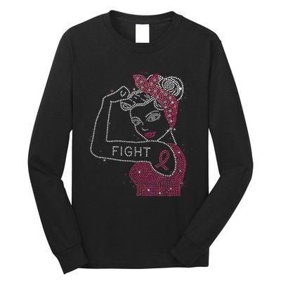 Fight Rosie The Riveter Rhinestone Breast Cancer Awareness Long Sleeve Shirt