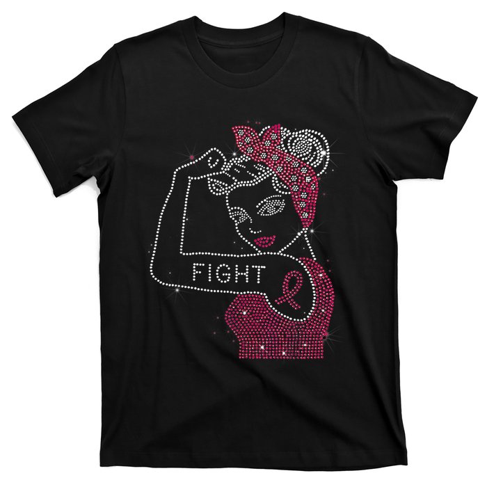 Fight Rosie The Riveter Rhinestone Breast Cancer Awareness T-Shirt