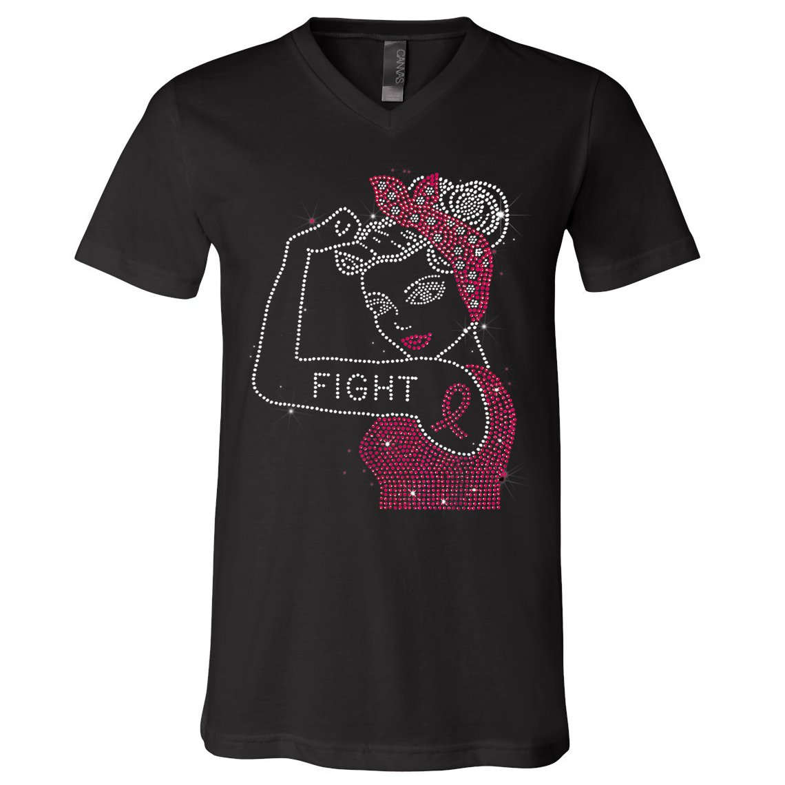 Fight Rosie The Riveter Rhinestone Breast Cancer Awareness V-Neck T-Shirt