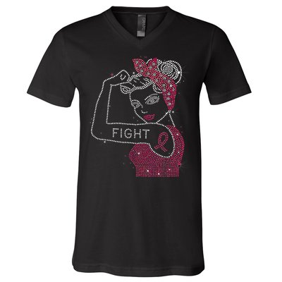 Fight Rosie The Riveter Rhinestone Breast Cancer Awareness V-Neck T-Shirt