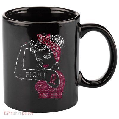 Fight Rosie The Riveter Rhinestone Breast Cancer Awareness 11oz C Handle Ceramic Mug