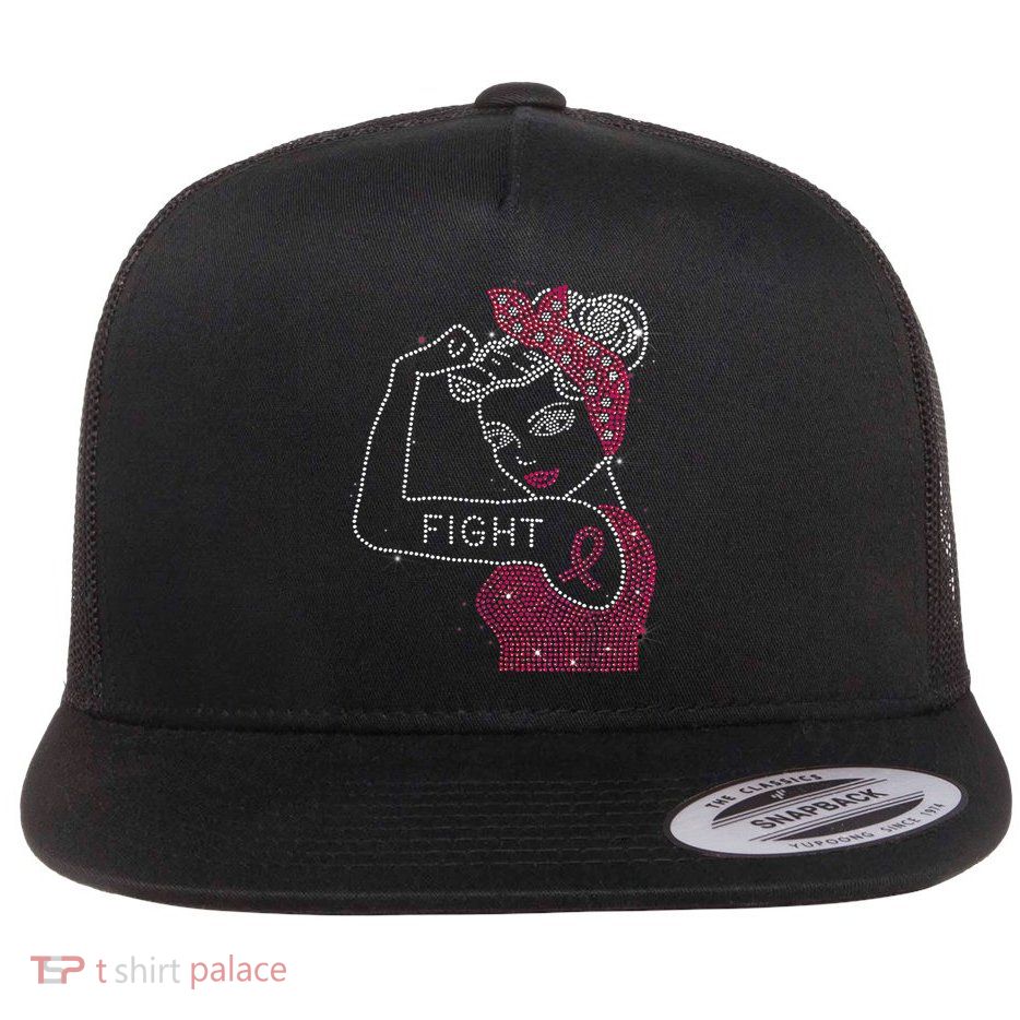 Fight Rosie The Riveter Rhinestone Breast Cancer Awareness Flatbill Hat