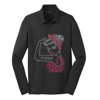 Fight Rosie The Riveter Rhinestone Breast Cancer Awareness Silk Touch Performance Long Sleeve Polo