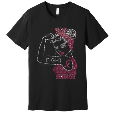 Fight Rosie The Riveter Rhinestone Breast Cancer Awareness Premium T-Shirt