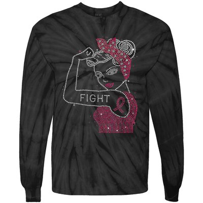 Fight Rosie The Riveter Rhinestone Breast Cancer Awareness Tie-Dye Long Sleeve Shirt