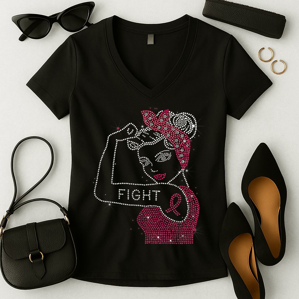 Fight Rosie The Riveter Rhinestone Breast Cancer Awareness Women's V-Neck T-Shirt