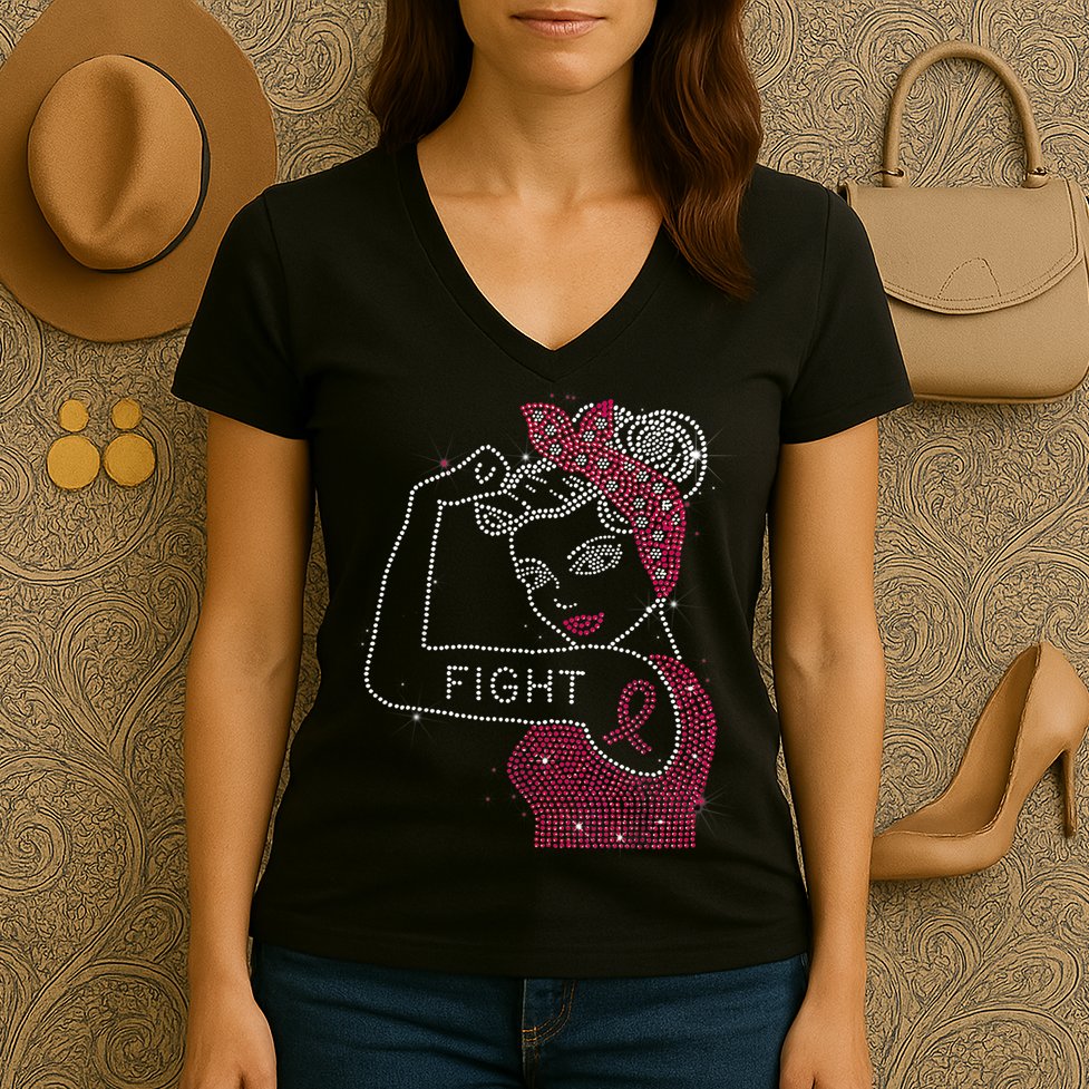 Fight Rosie The Riveter Rhinestone Breast Cancer Awareness Women's V-Neck T-Shirt