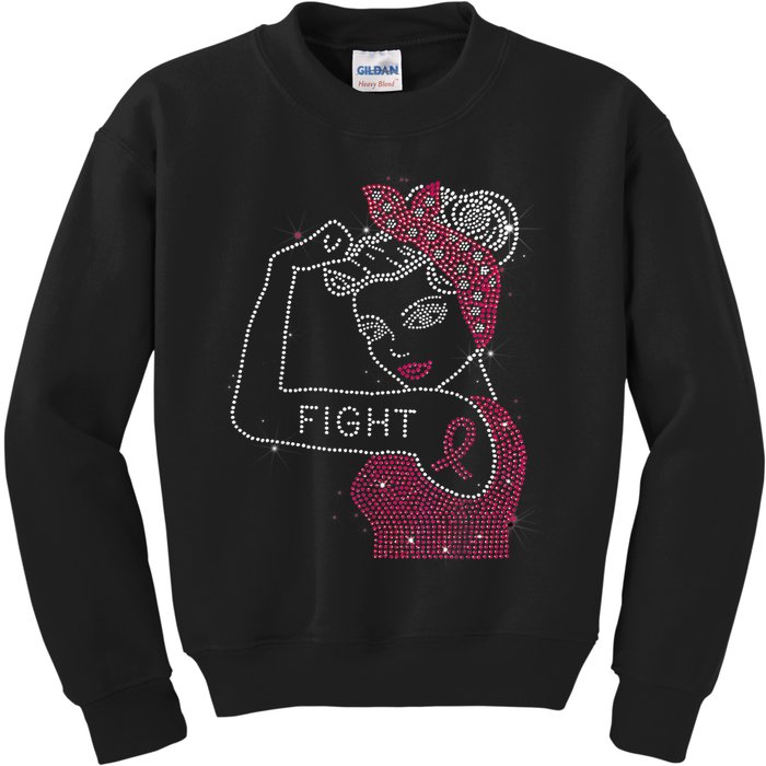 Fight Rosie The Riveter Rhinestone Breast Cancer Awareness Kids Sweatshirt