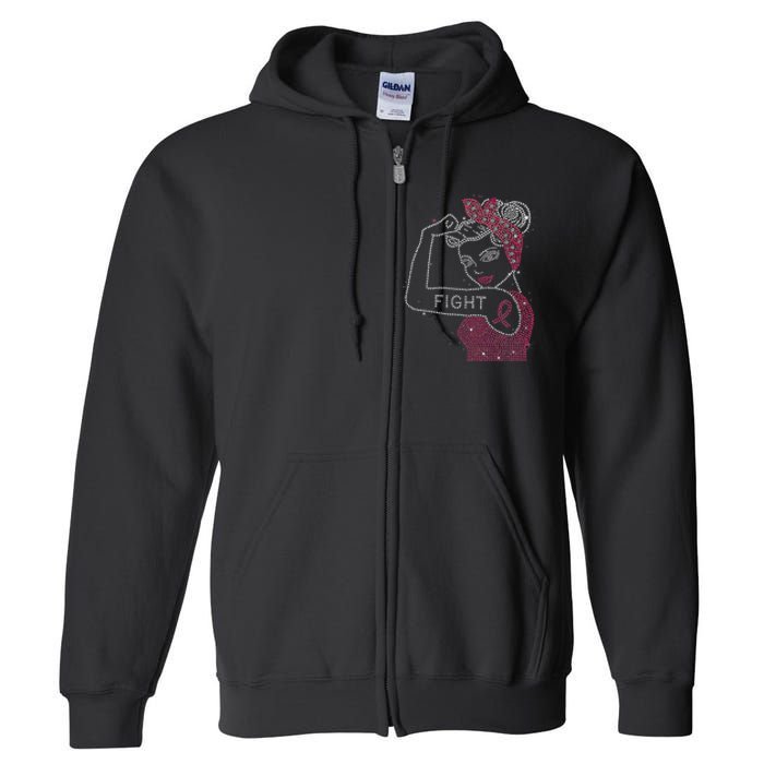 Fight Rosie The Riveter Rhinestone Breast Cancer Awareness Full Zip Hoodie