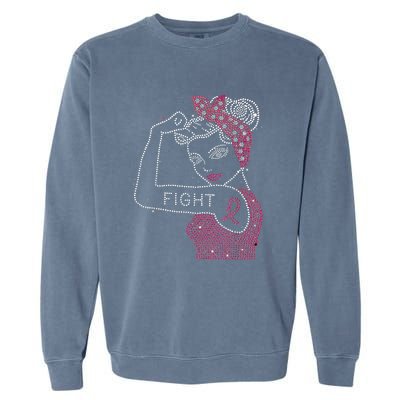 Fight Rosie The Riveter Rhinestone Breast Cancer Awareness Garment-Dyed Sweatshirt