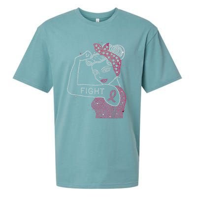 Fight Rosie The Riveter Rhinestone Breast Cancer Awareness Sueded Cloud Jersey T-Shirt