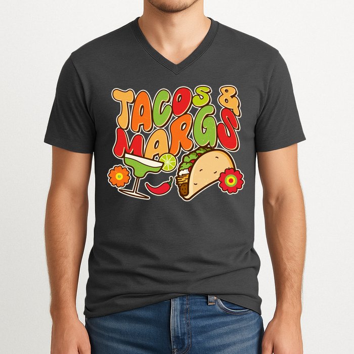 Funny Retro Taco And Margs Margaritas V-Neck T-Shirt