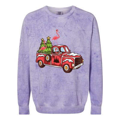 Flamingo Riding Truck Christmas Tree Merry Flocking Gift Colorblast Crewneck Sweatshirt