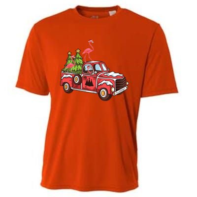 Flamingo Riding Truck Christmas Tree Merry Flocking Gift Cooling Performance Crew T-Shirt