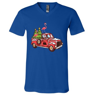 Flamingo Riding Truck Christmas Tree Merry Flocking Gift V-Neck T-Shirt