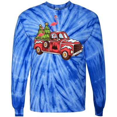 Flamingo Riding Truck Christmas Tree Merry Flocking Gift Tie-Dye Long Sleeve Shirt