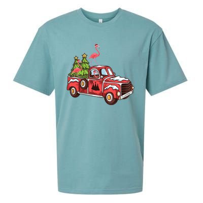 Flamingo Riding Truck Christmas Tree Merry Flocking Gift Sueded Cloud Jersey T-Shirt