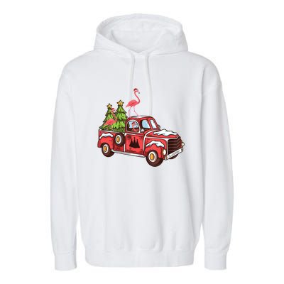 Flamingo Riding Truck Christmas Tree Merry Flocking Gift Garment-Dyed Fleece Hoodie