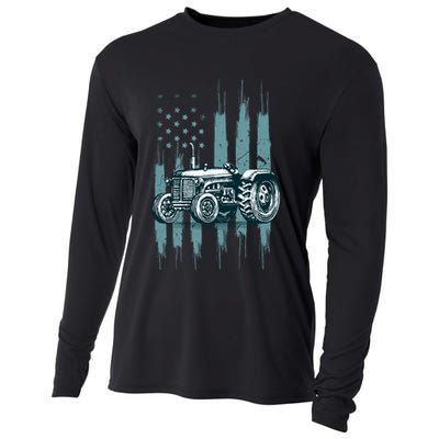 Farmer Rancher Truck Drive Driver Us Flag American Tractor Gift Cooling Performance Long Sleeve Crew