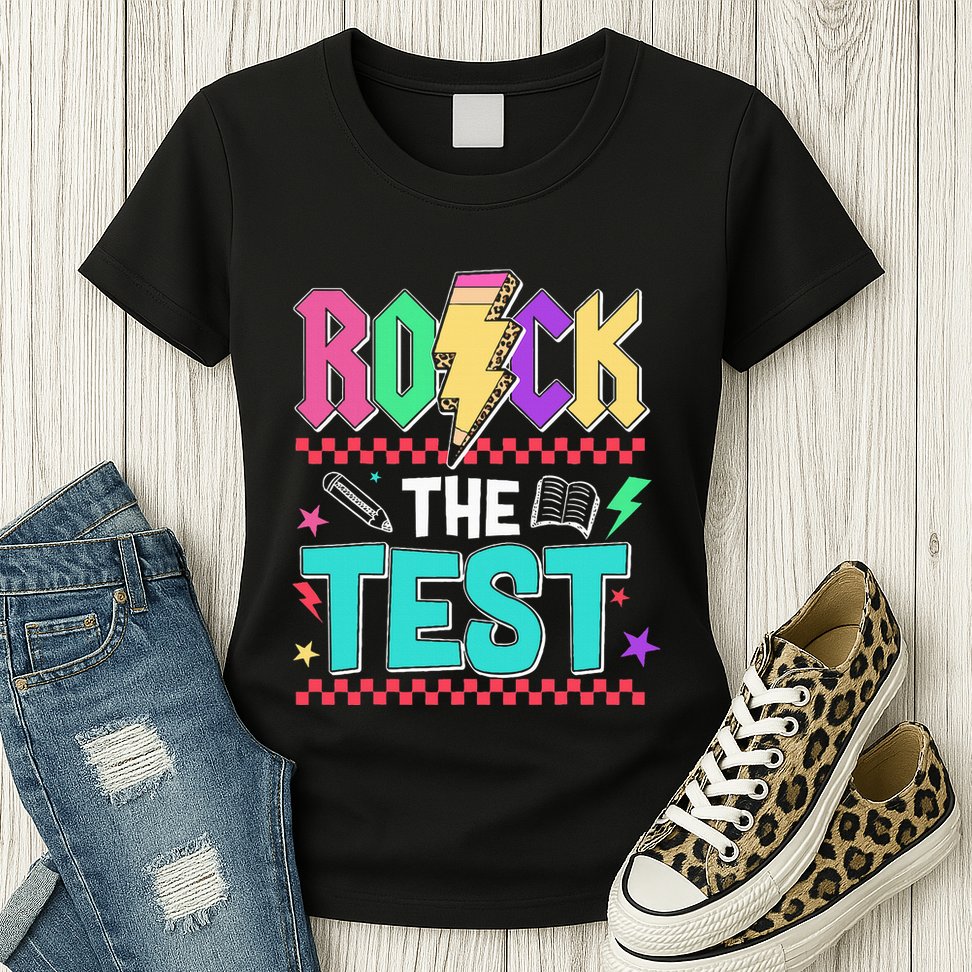 Funny Rock The Test Testing Day Teacher Student Motivational Womens T-Shirt