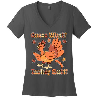 Funny Retro Thanksgiving Guess What Turkey Butt Women's V-Neck T-Shirt