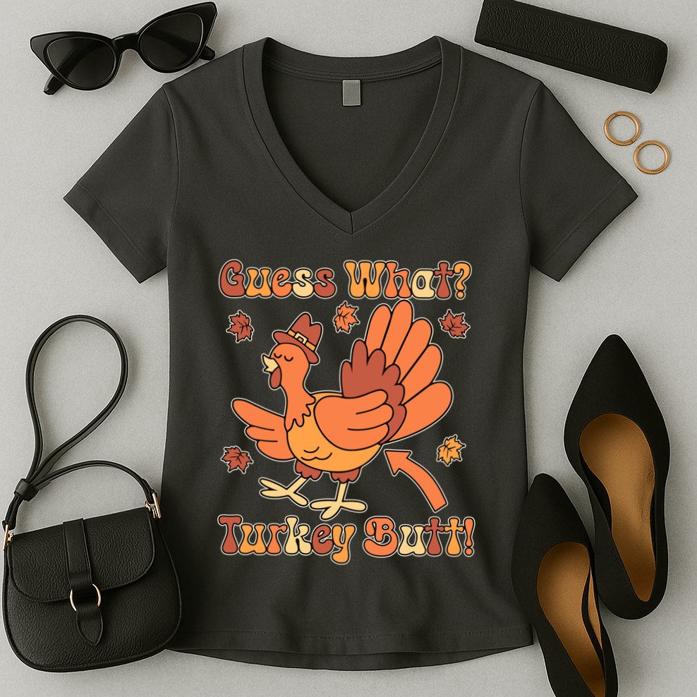 Funny Retro Thanksgiving Guess What Turkey Butt Women's V-Neck T-Shirt