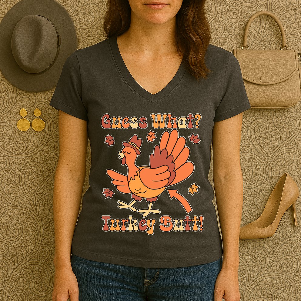 Funny Retro Thanksgiving Guess What Turkey Butt Women's V-Neck T-Shirt