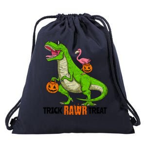 Flamingo Riding T Rex Dinosaur Halloween Trick Rawr Treat Gift Drawstring Bag