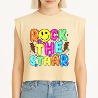 Funny Rock The Test Testing Day Teacher Student Motivational Garment-Dyed Women's Muscle Tee