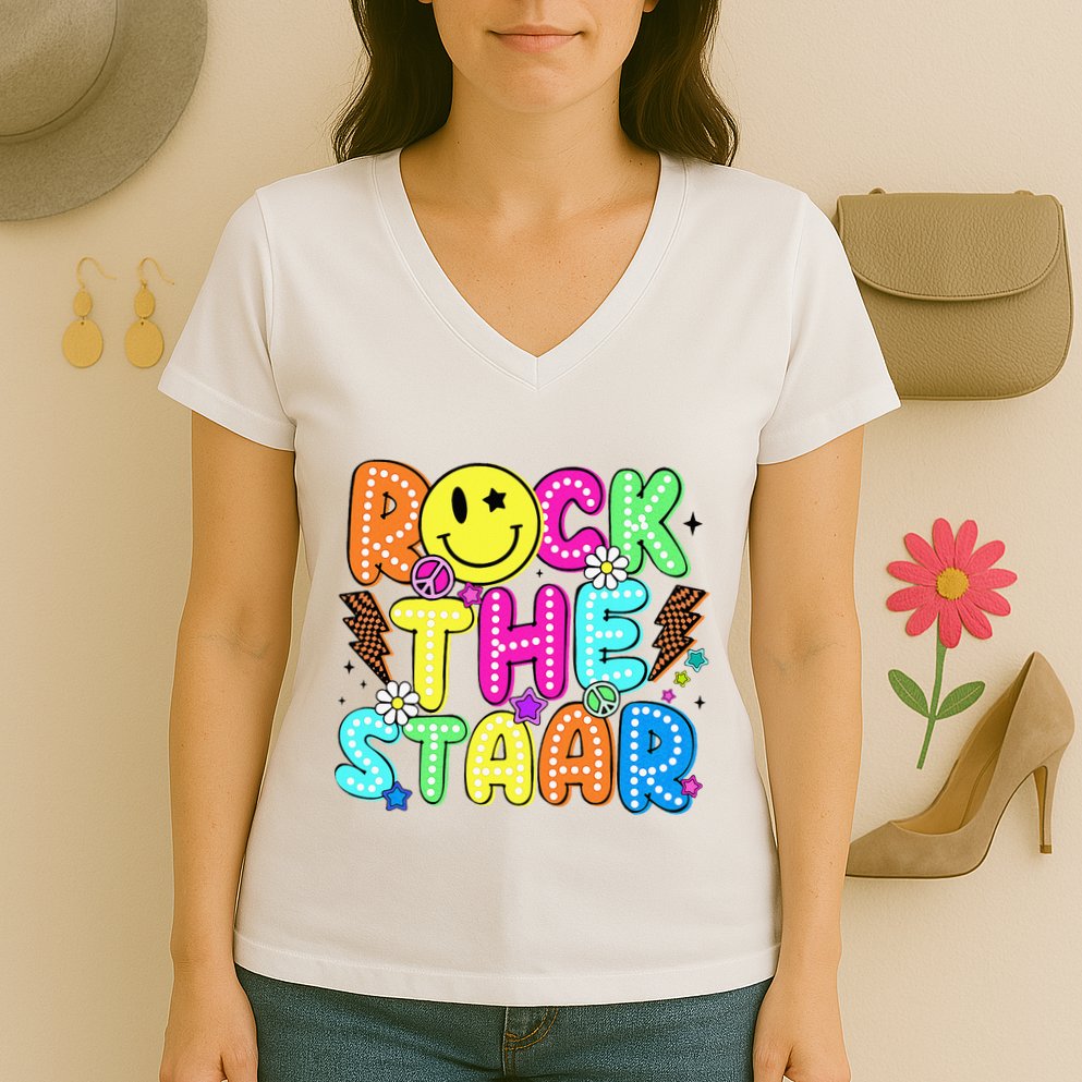 Funny Rock The Test Testing Day Teacher Student Motivational Women's V-Neck T-Shirt