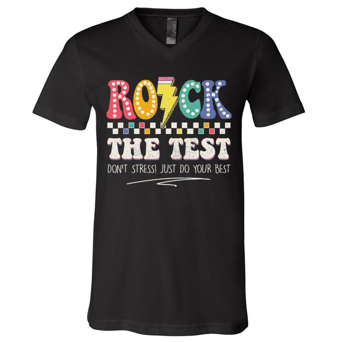 Funny Rock The Test Don't Stress Testing Day Teacher Student V-Neck T-Shirt