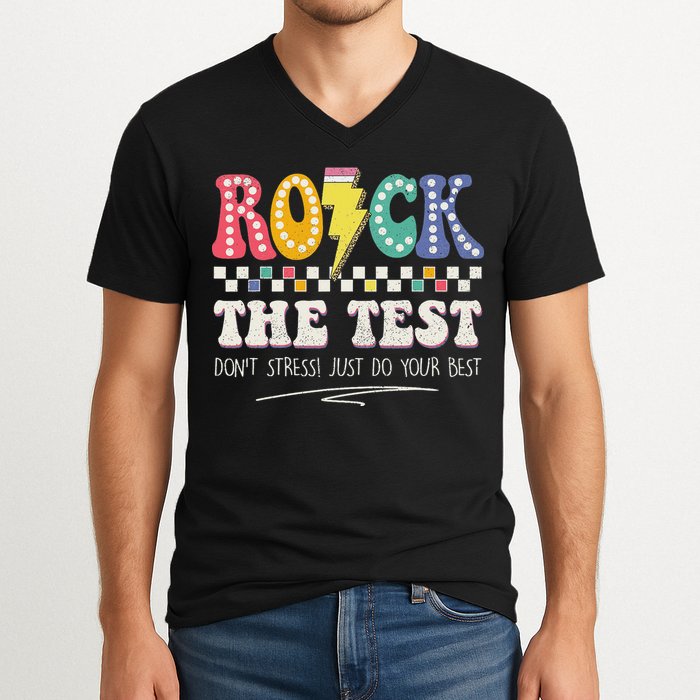 Funny Rock The Test Don't Stress Testing Day Teacher Student V-Neck T-Shirt